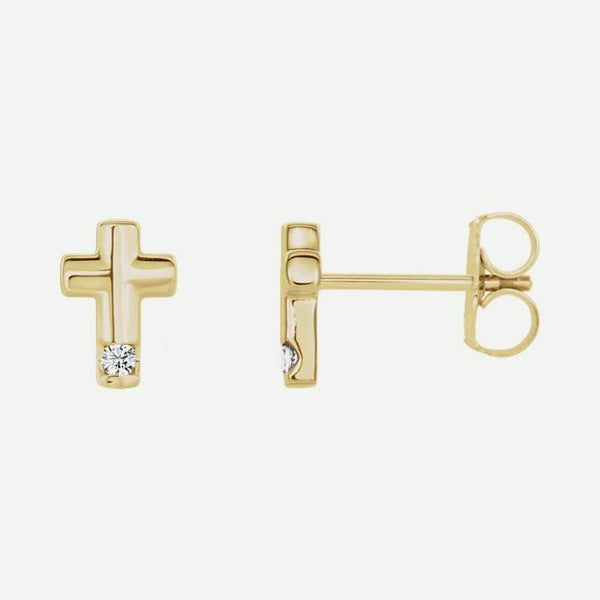 Front and Side views of yellow gold diamond cross Christian earrings for women