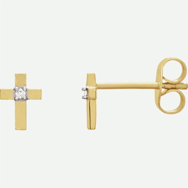 Front and side views of 14k yellow gold CROSS Christian earrings from Glor-e