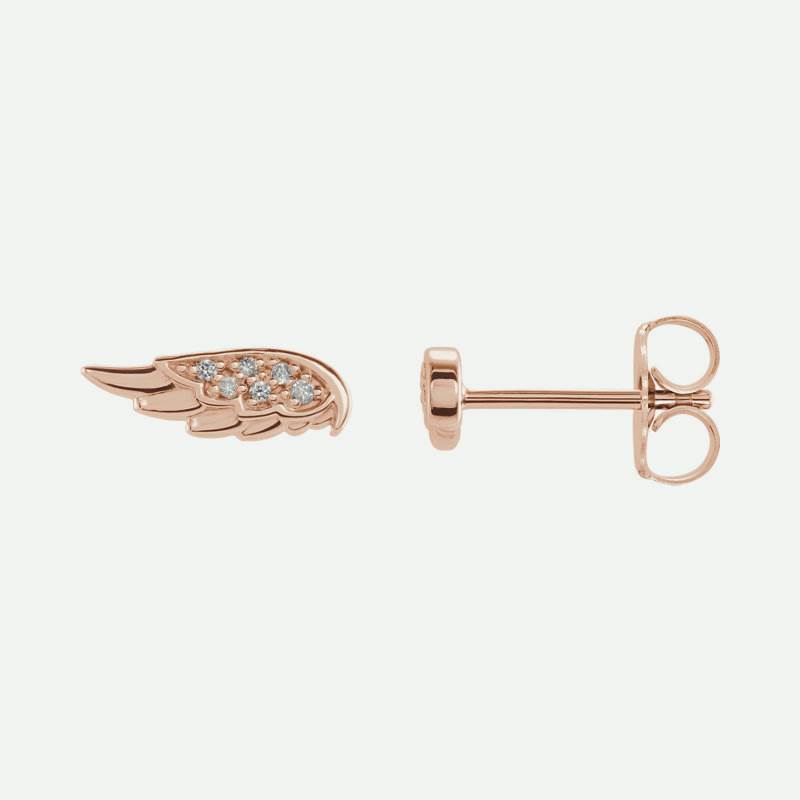 Front and side views of rose gold angel wings Christian earrings for women