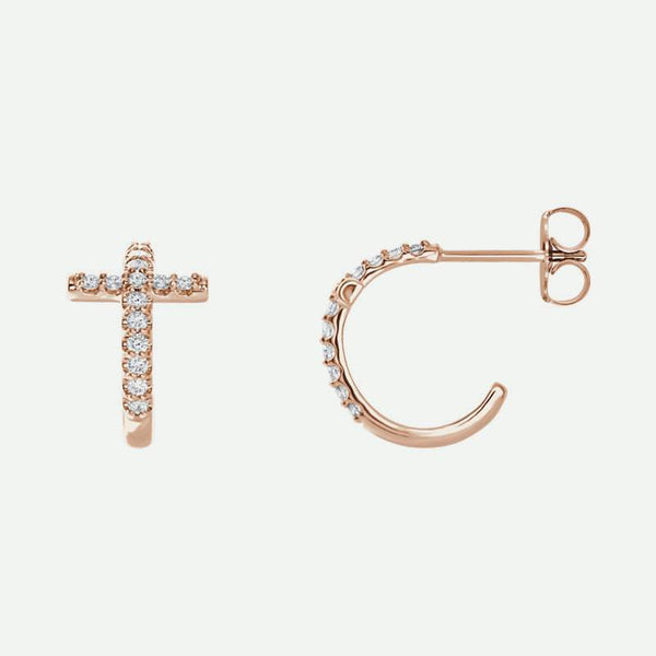 Front and side views of rose gold diamond cross j-hoop Christian earrings for women