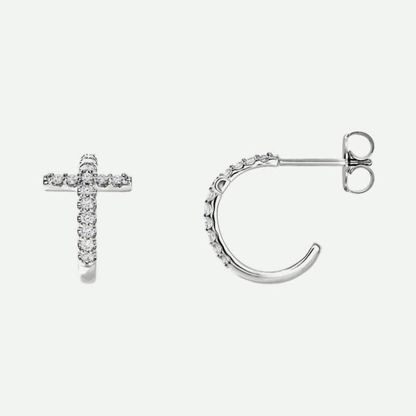 Front and side views of sterling silver diamond cross j-hoop Christian earrings for women