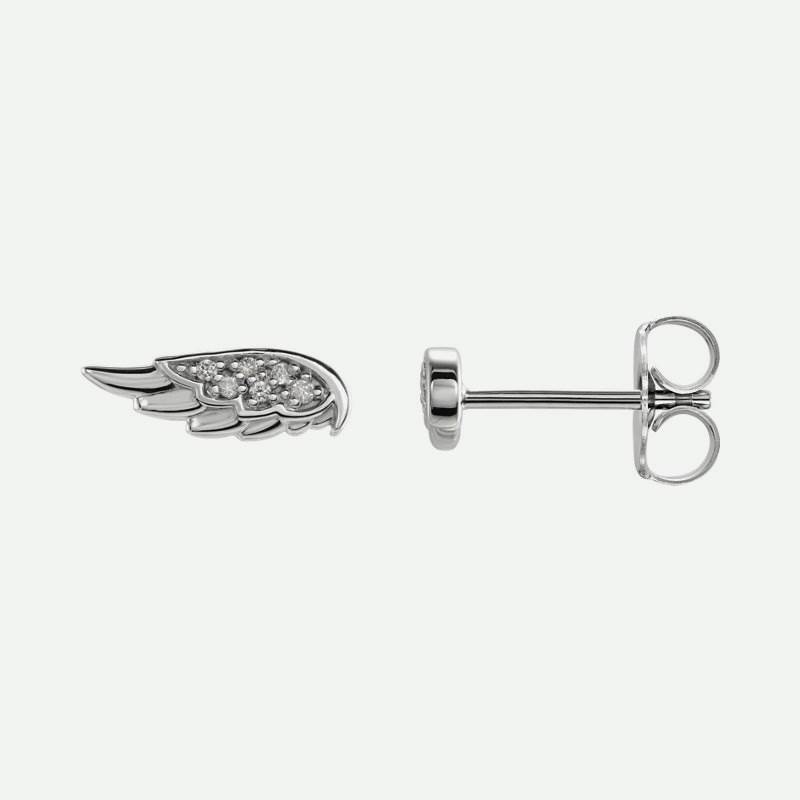 Front and side views of white gold angel wings Christian earrings for women