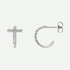 Front and side views of white gold diamond cross j-hoop Christian earrings for women