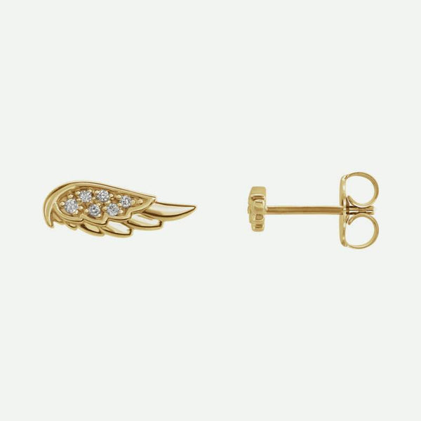 Front and side views of yellow gold angel wings Christian earrings for women