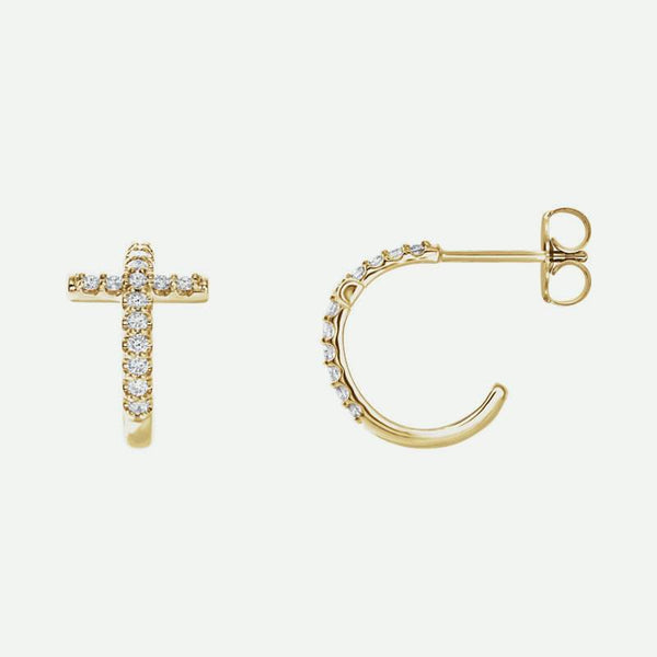 Front and side views of yellow gold diamond cross j-hoop Christian earrings for women