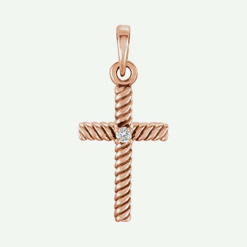 Front view of rose gold Diamond Rope Cross Christian Pendant For Women