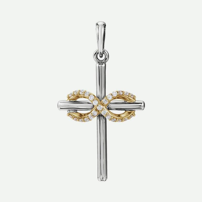 Front view of yellow and white gold Infinity-Inspired Cross Christian Pendant for women