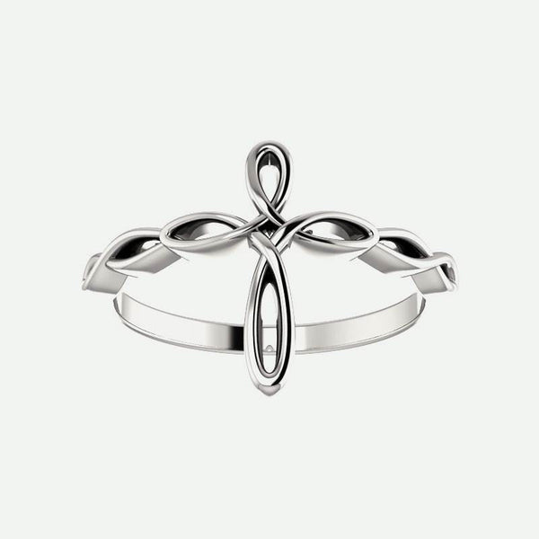 Front view of white gold Knotted Cross Christian Ring For Women