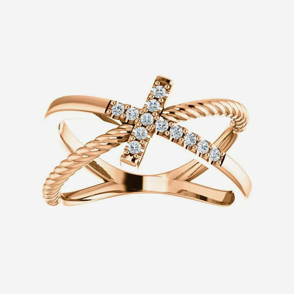 Front view of rose gold diamond cross rope Christian ring for women