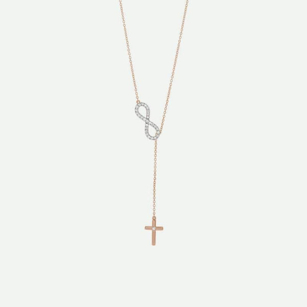 Front view of rose gold Infinity-Inspired Cross Christian Necklace for women