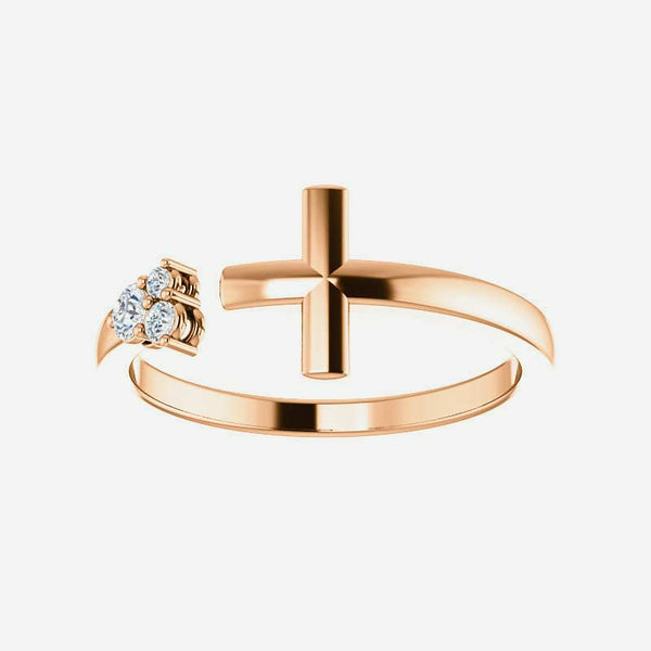 Front view of rose gold Negative Space Cross Christian ring for women
