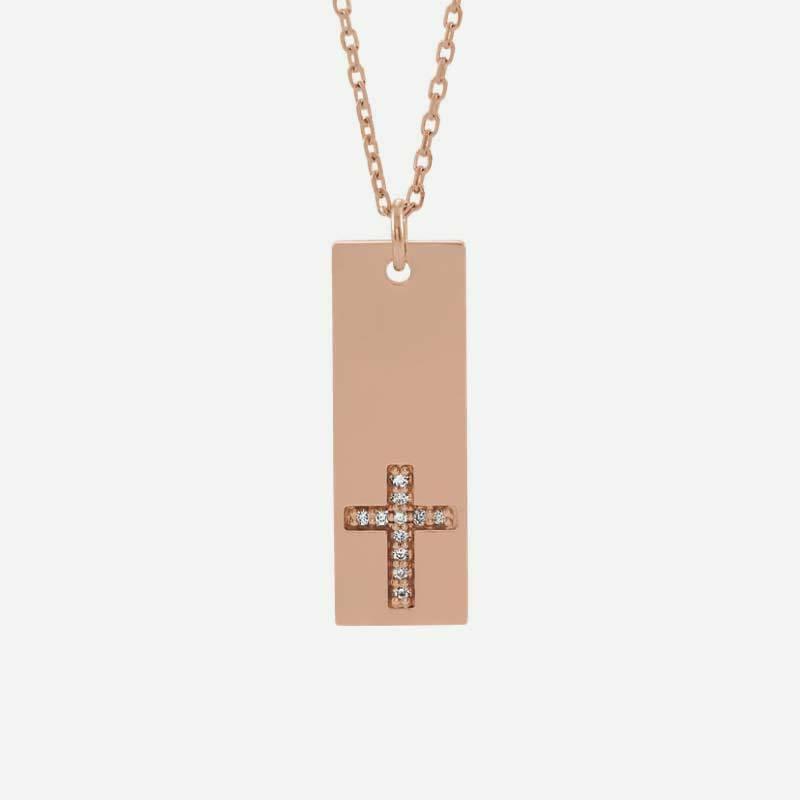 Front view of rose gold Vertical Bar Cross Christian Necklace for women