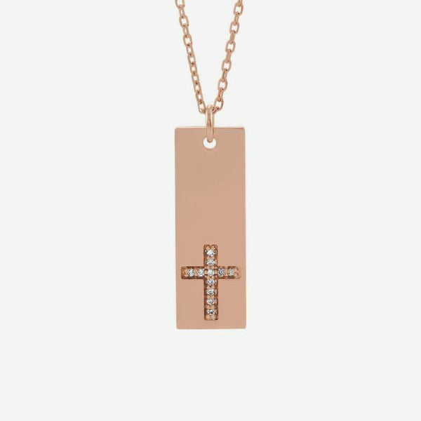 Front view of rose gold Vertical Bar Cross Christian Necklace for women