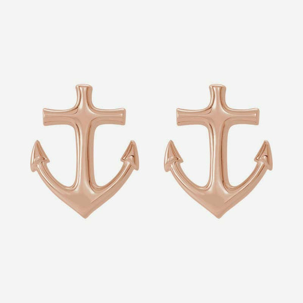 Front view of rose gold Anchor Christian earrings for women