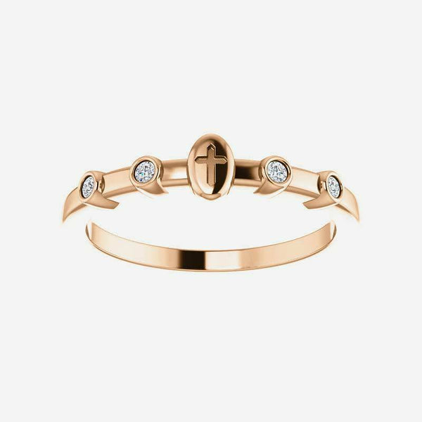 Front view of rose gold .05 CTW Diamond Stackable Cross Christian Ring for women