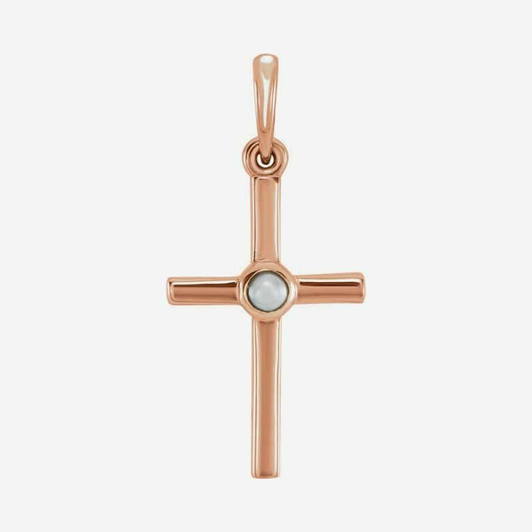 Front view of rose gold Pearl Cross Christian necklace for women