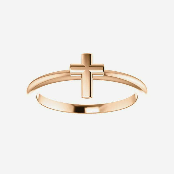 Front view of rose gold Stackable Cross Christian Ring for women