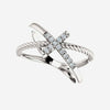 Front view of sterling silver diamond cross rope Christian ring for women