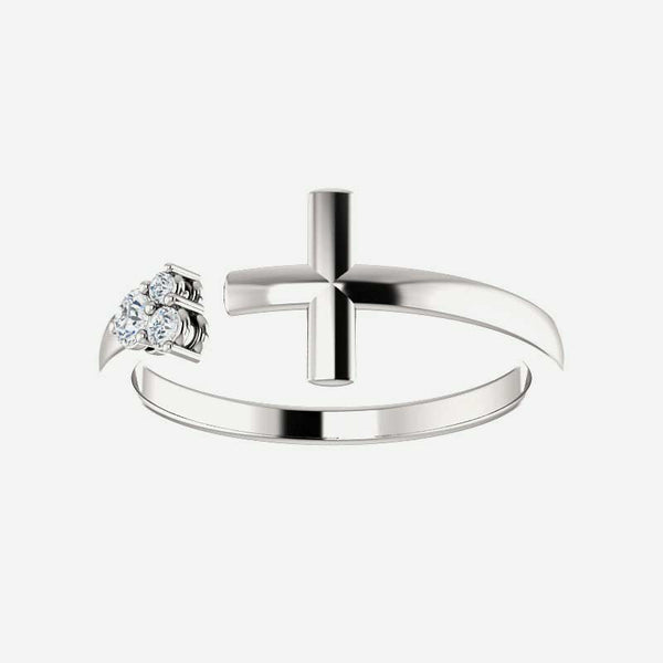 Front view of sterling silver Negative Space Cross Christian ring for women