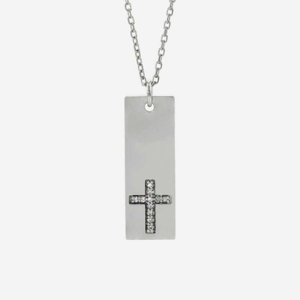 Front view of sterling silver Vertical Bar Cross Christian Necklace for women