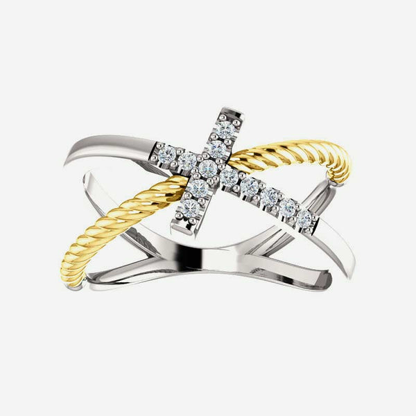 Front view of white and yellow gold diamond cross rope Christian ring for women