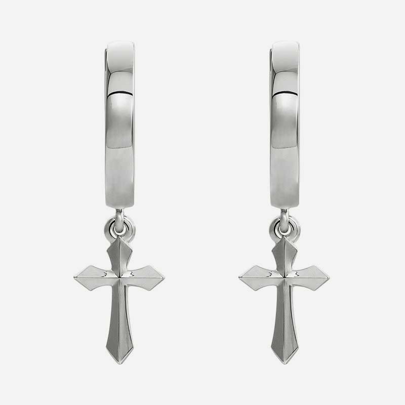 Front view of white gold Cross Drop Christian Earrings for women