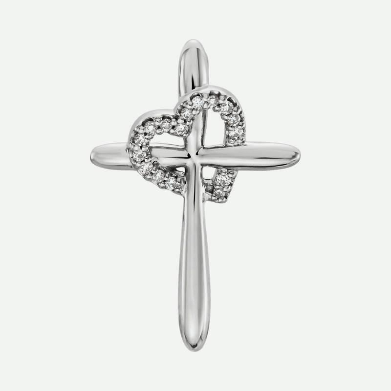 Front view of white gold Diamond Cross with Heart Christian Pendant For Women