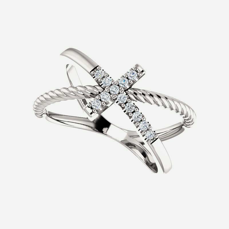Front view of white gold diamond cross rope Christian ring for women
