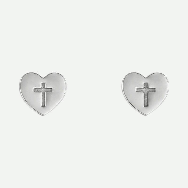 Front view of white gold Heart & Cross Christian Earrings For Women