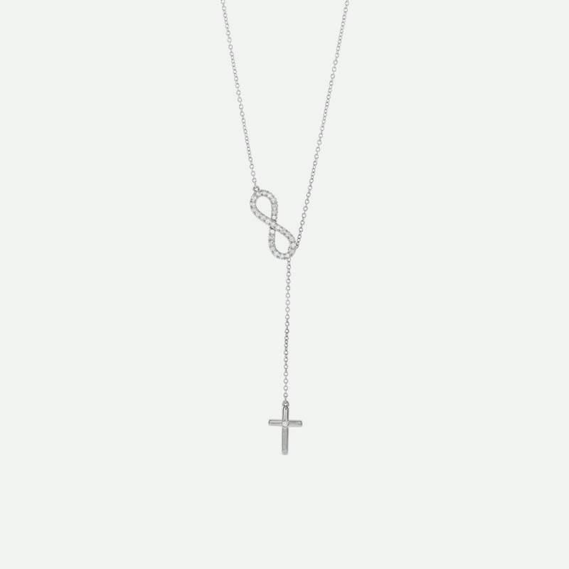 Front view of white gold Infinity-Inspired Cross Christian Necklace for women