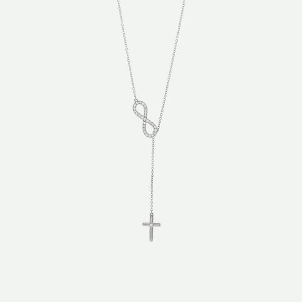 Front view of white gold Infinity-Inspired Cross Christian Necklace for women