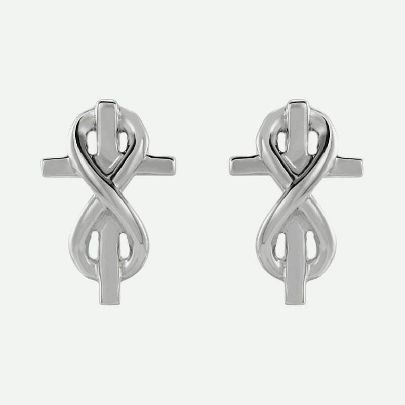 Front view of white gold Infinity-Inspired Cross Christian Earrings