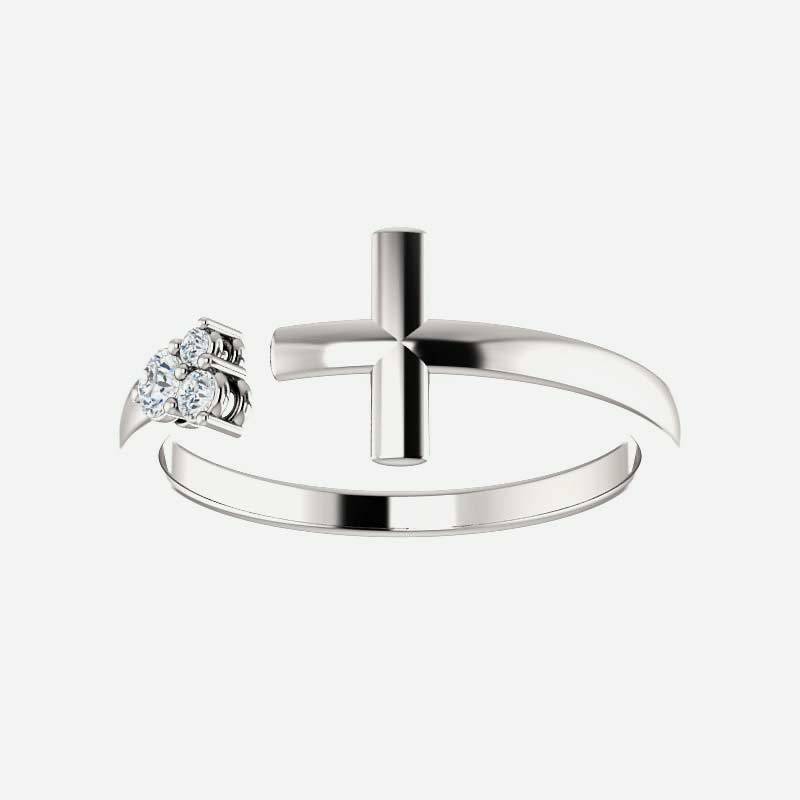 Front view of white gold Negative Space Cross Christian ring for women