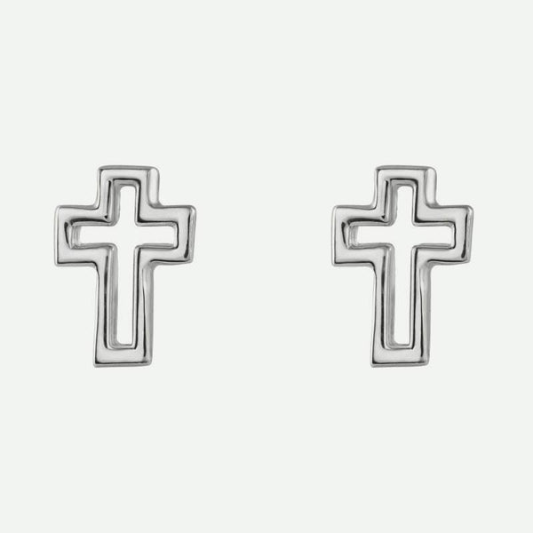 Front view of white gold Open Cross Christian Earrings