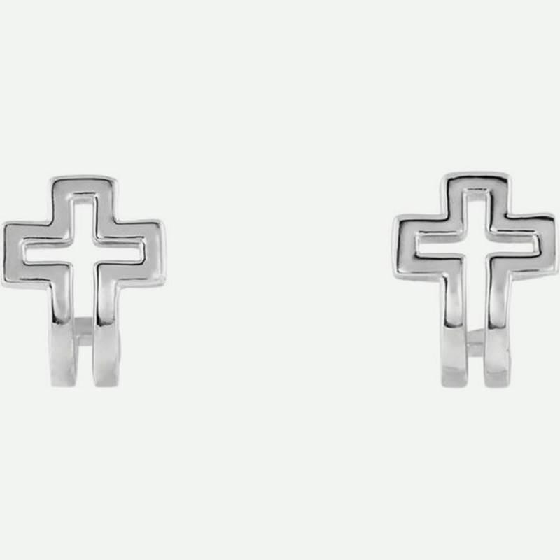 Front View Of Open Cross J-Hoop White Gold Christian Earrings For Women From Glor-e 
