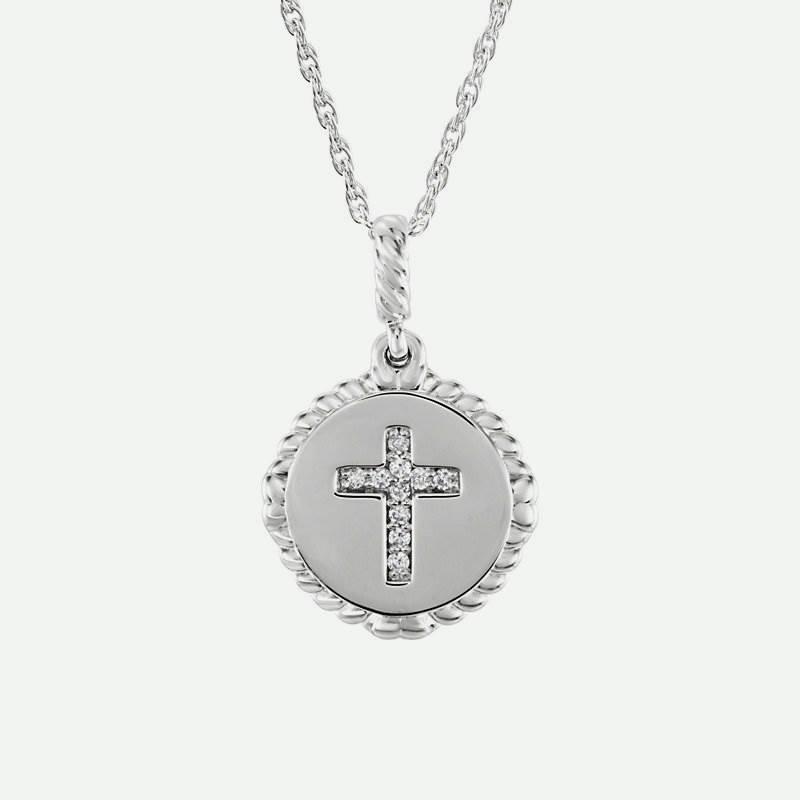 Front view of white gold Rope Cross Diamond Christian Necklace