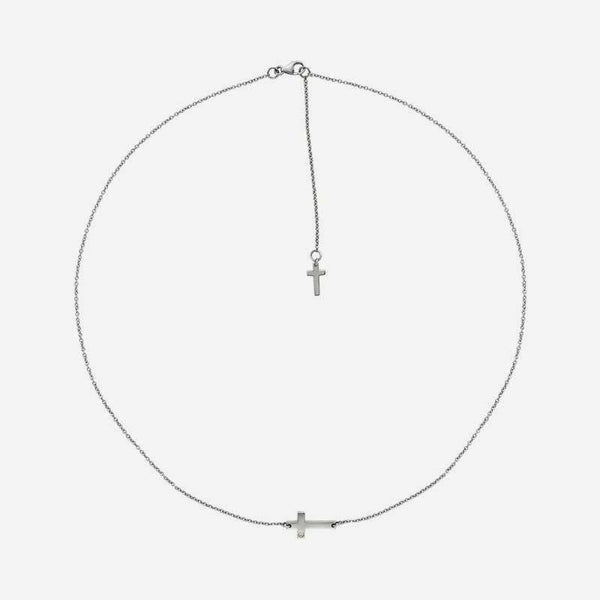 Top view of white gold Sideways Cross Christian necklace for women