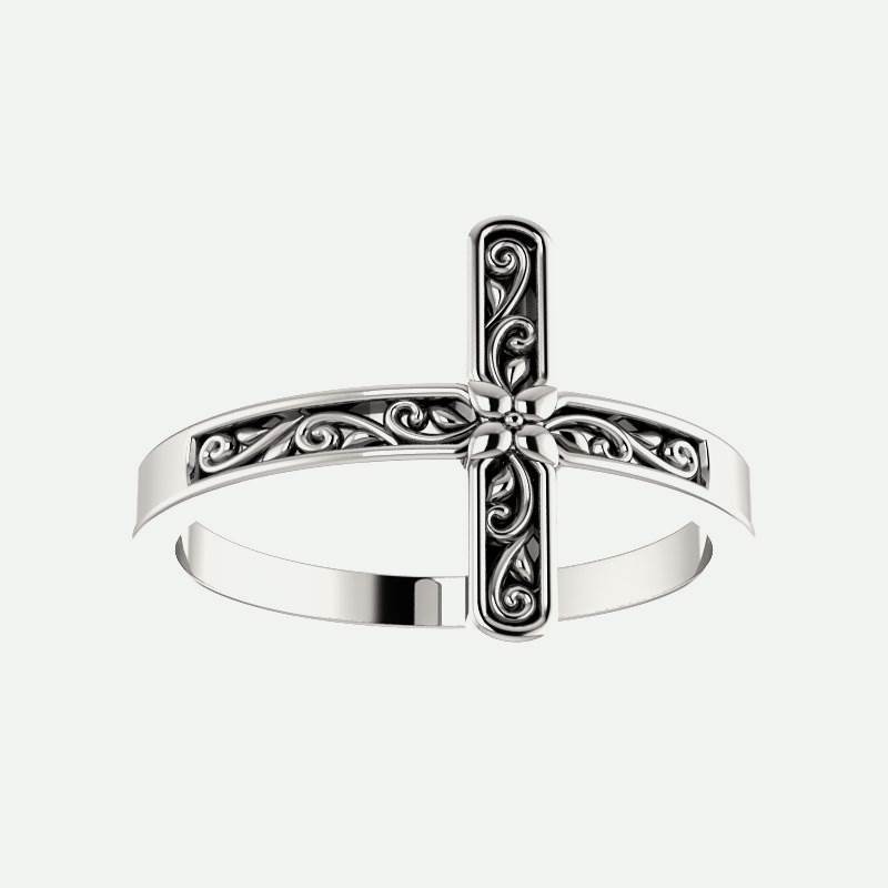 Front view of white gold Sideways Floral Cross Christian Ring For Women