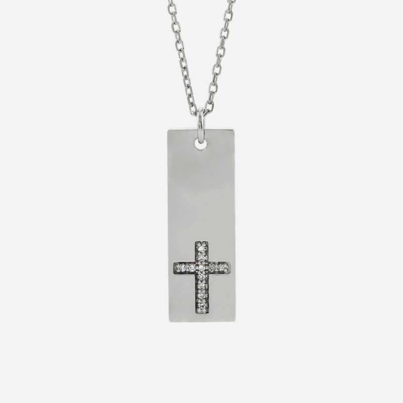 Front view of white gold Vertical Bar Cross Christian Necklace for women