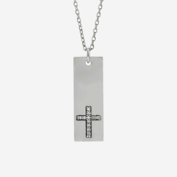 Front view of white gold Vertical Bar Cross Christian Necklace for women