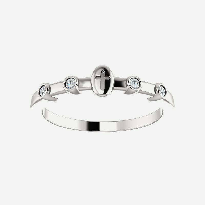 Front view of white gold .05 CTW Diamond Stackable Cross Christian Ring for women
