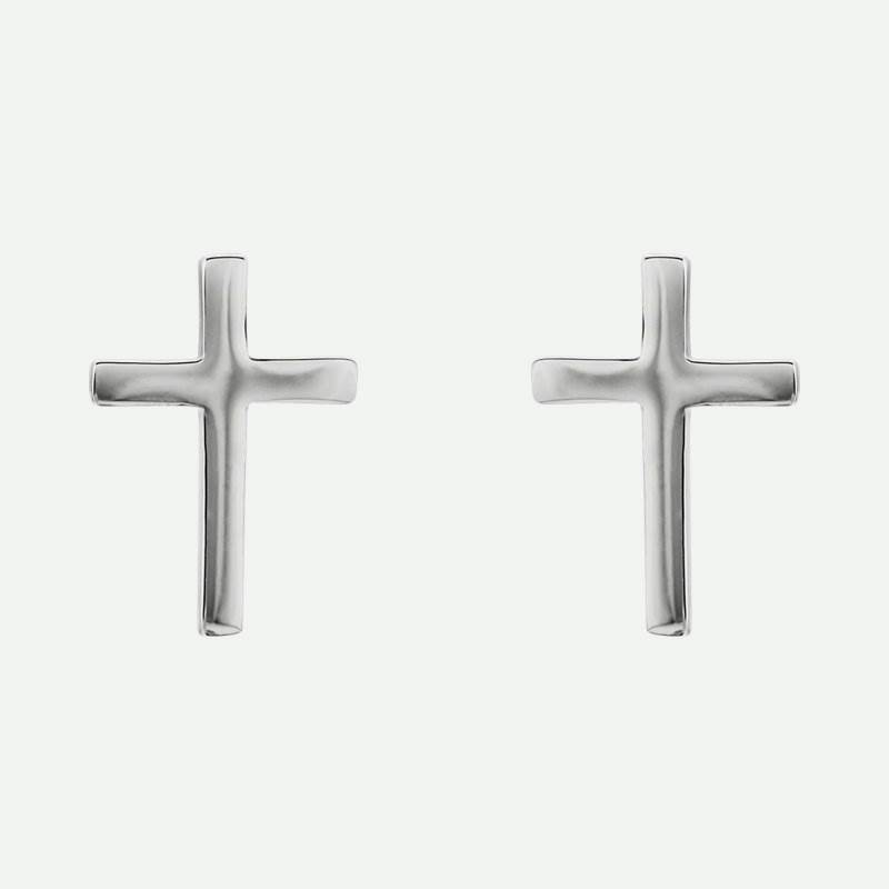 Front view of white gold Main Cross Christian Earrings For Women 10 mm