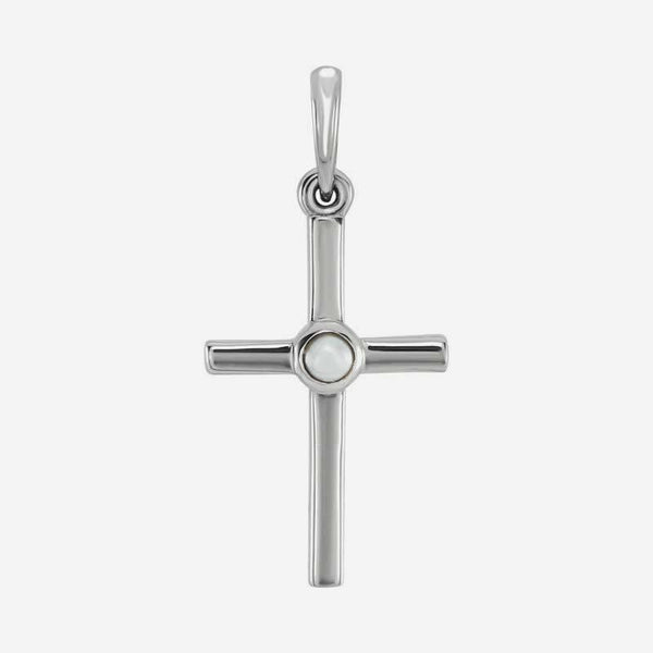 Front view of white gold Pearl Cross Christian necklace for women