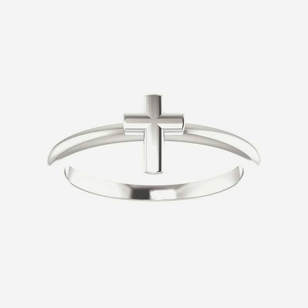 Front view of white gold Stackable Cross Christian Ring for women