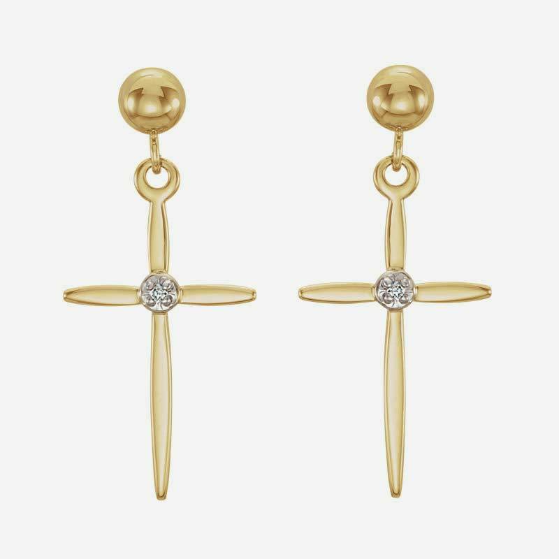 Front view of yellow and white gold Cross and Ball Christian earrings