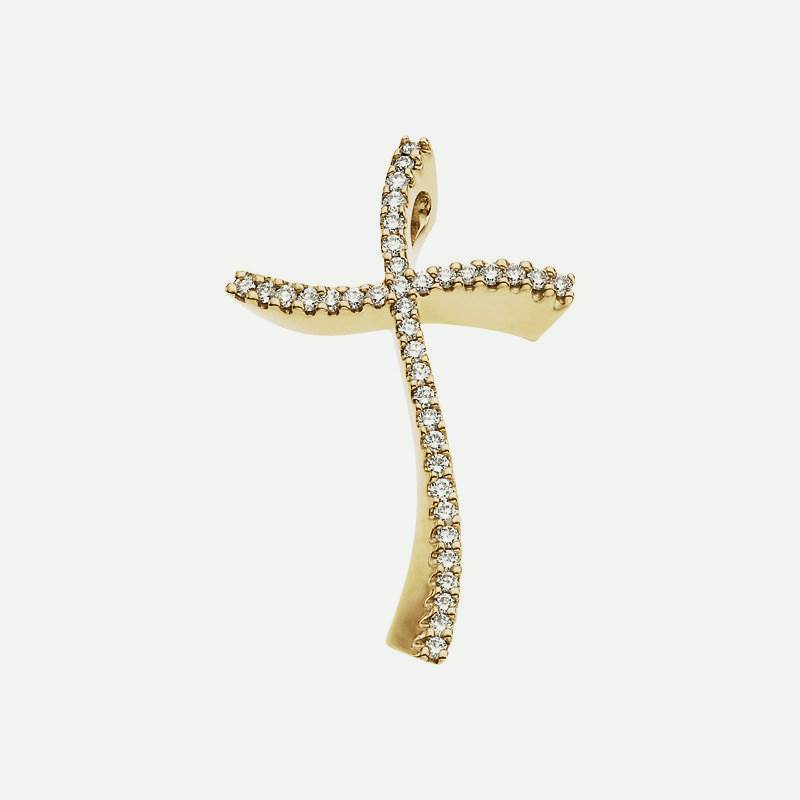 Front view of yellow gold Accented Diamond Cross Christian Pendant