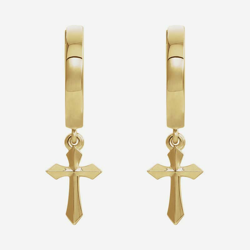 Front view of yellow gold Cross Drop Christian Earrings for women