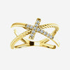 Front view of yellow gold diamond cross rope Christian ring for women