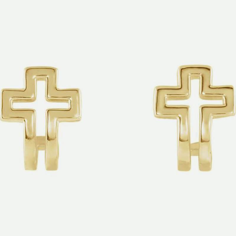 Front View Of Open Cross J-Hoop Yellow Gold Christian Earrings For Women From Glor-e 