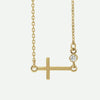 Front view of yellow gold Sideways Cross Christian necklace for women